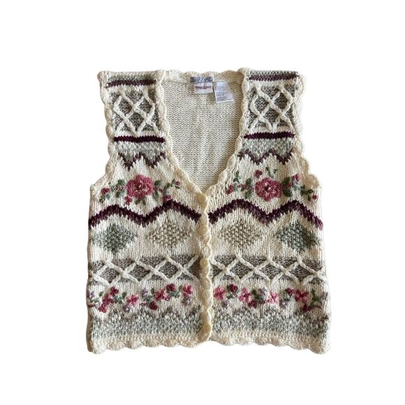Vintage 90s whimsical boho beige floral button-down sweater vest - Picture 1 of 7
